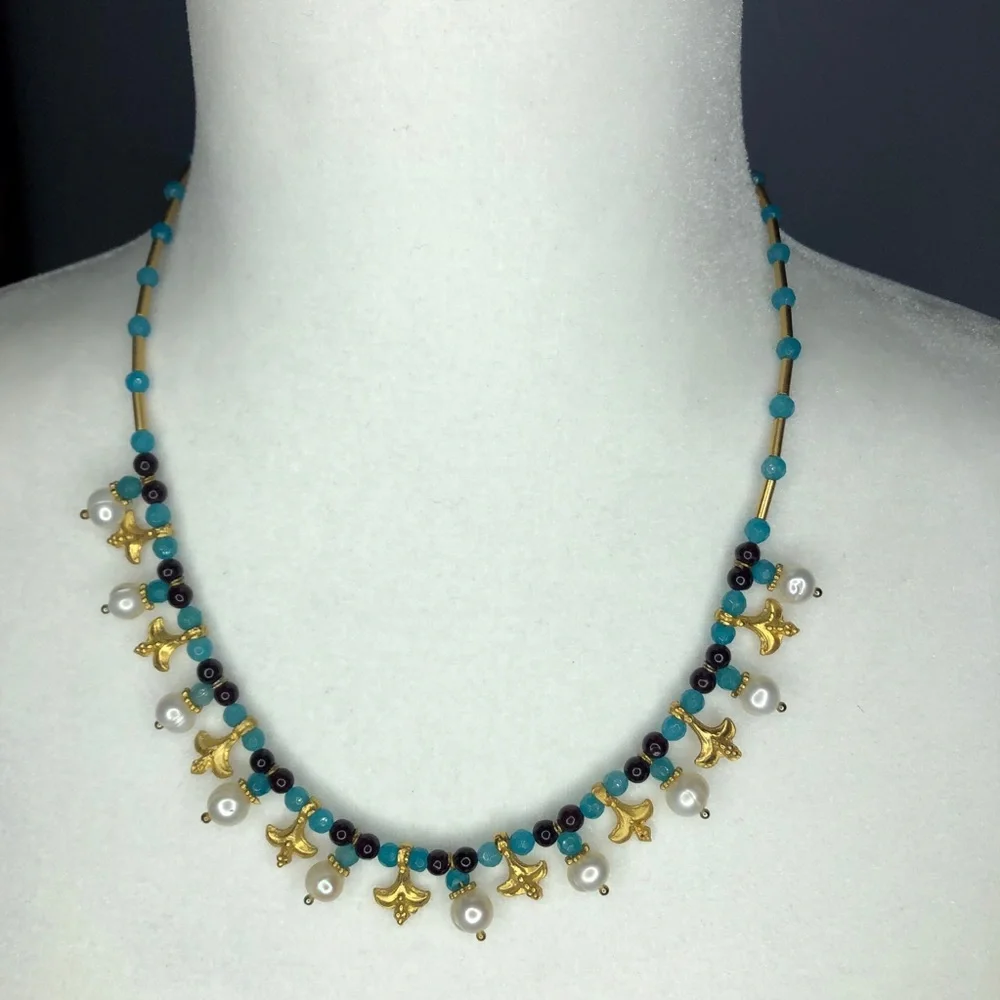 Turquoise and gold bead necklace with pearls